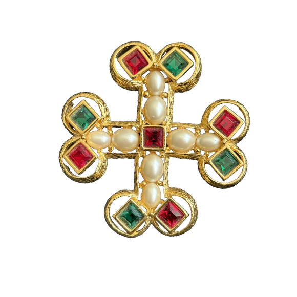 Joan Rivers Maltese cross Brooch Pin Gold Tone Faux Pearls Green Red Rhinestones - Picture 4 of 10